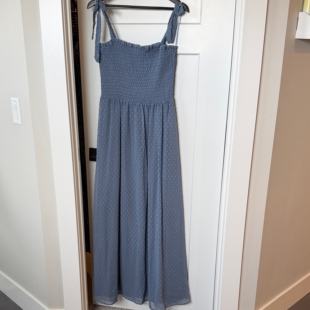 Smocked Tie-Shoulder Maxi Dress in Slate Blue